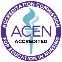 ACEN accredited seal with a blue torch in the center, "ACEN ACCREDITED" in large text, and a purple border reading "Accreditation Commission for Education in Nursing," recognized by leading LPN programs in Ohio.