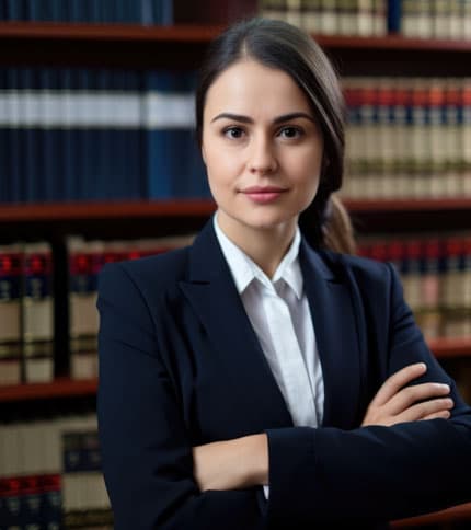 A woman in a professional suit stands confidently with her arms crossed in front of a bookshelf filled with legal books. She has long dark hair tied back and is looking directly at the camera. The setting suggests a law office or library.