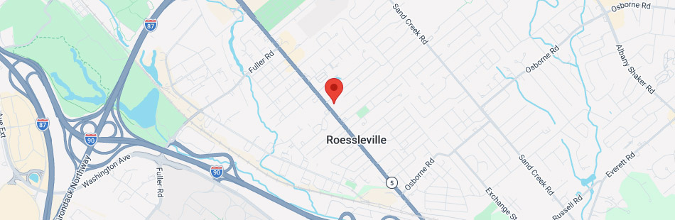 A map showing Roessleville, with highways I-90 and I-87 nearby, highlights a red location pin on Central Avenue. Several roads and creeks are labeled, making it an ideal reference for those exploring colleges in Albany NY or searching for top Albany colleges in the area.