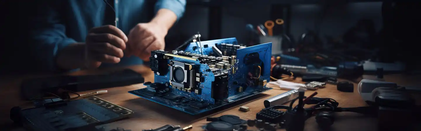 Person working on dismantled electronic device on a cluttered desk with tools and components scattered around.