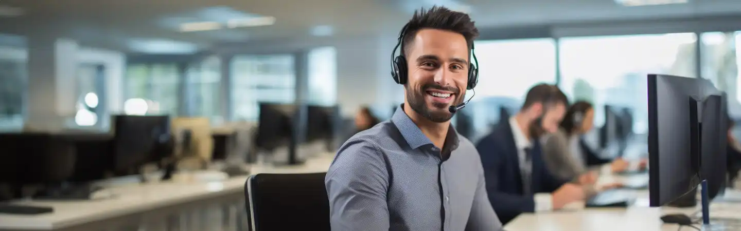 Man with headset smiling in a modern office with colleagues working at computers in the background.