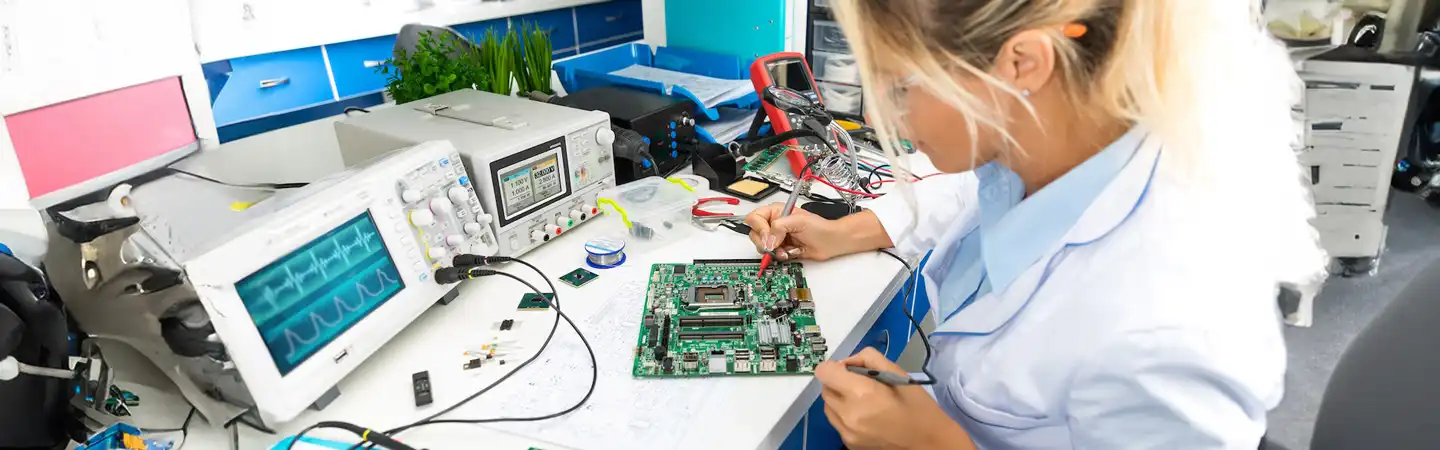 A person wearing a lab coat works on an electronic circuit board at a cluttered workstation with various tools and equipment.