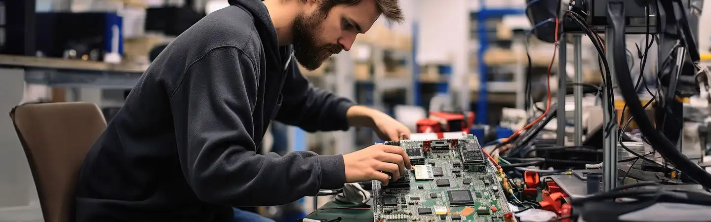 A man in a workshop intently works on assembling or repairing electronic circuit boards with tools and components around.