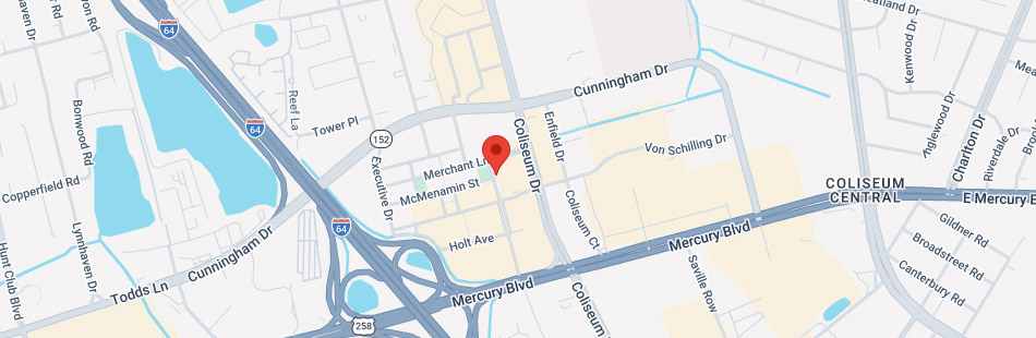 Map showing Coliseum Dr intersecting Mercury Blvd near I-64 in Coliseum Central, with a red location marker on Merchants Ln near McMenamin St. Nearby roads include Executive Dr and Cunningham Dr, and several colleges in Hampton Virginia are also located within easy reach of this central area.