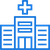 Blue icon of a hospital building with a cross on top and two entrance doors.