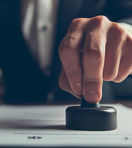 A Legal Records Clerk in a suit presses a round stamp onto a document, indicating official approval or authorization. The image focuses on the hand and stamp, with the background softly blurred.