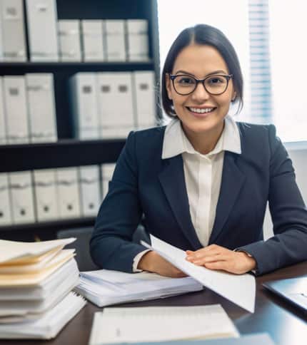 A smiling person wearing glasses and a business suit sits at a desk with stacks of paperwork and binders. The background features shelves with neatly organized folders.