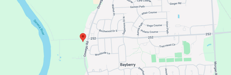 Map showing a pin on Oswego Rd near the Seneca River in Bayberry, New York, just outside Liverpool, NY. The map highlights surrounding streets and Route 252 on the east side of Oswego Rd.