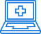 Blue icon of a laptop displaying a medical cross on the screen, symbolizing healthcare or medical services online.