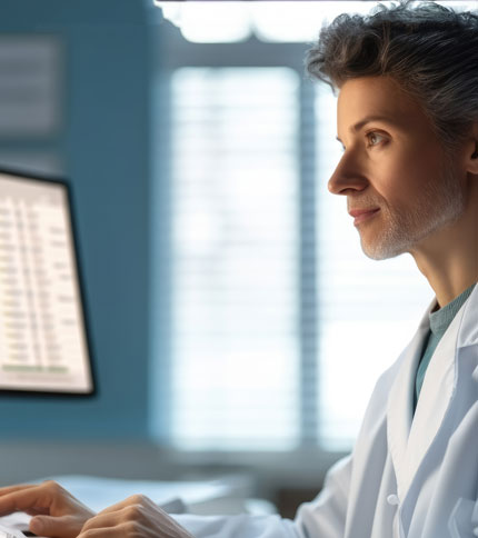 A person in a white lab coat works at a computer in a softly lit room. The screen displays data in columns. The person is focused on the screen, suggesting involvement in analytical or scientific work.