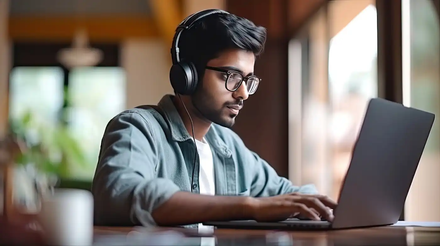 Person wearing headphones and glasses, focused on typing on a laptop at a wooden table in a brightly lit room.