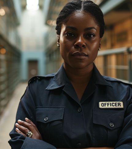 A serious-looking woman in a dark uniform labeled "Juvenile Probation Officer" stands with arms crossed in a corridor lined with cells, suggesting a juvenile justice or detention facility setting.