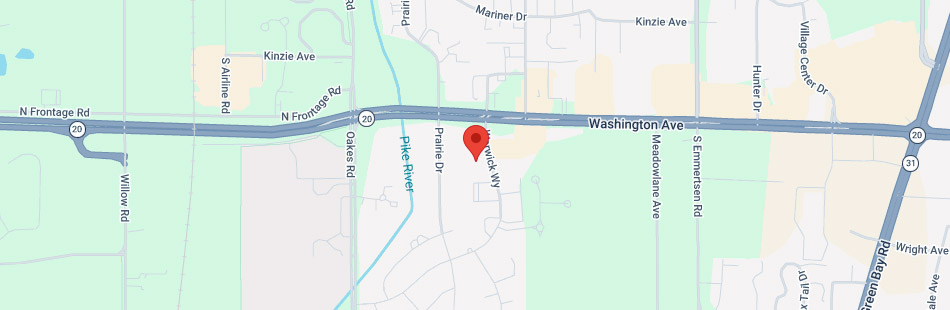 A digital map shows a red location pin on Fenwick Way near Prairie Dr, close to Washington Ave and Route 20, with surrounding roads and green space visible.