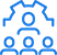 Blue icon of three people in a triangular formation with curved arrows around them, resembling a network or team structure.