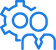 Blue icon of two gears interlocking with two human figures below, symbolizing teamwork and collaboration.
