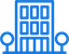 A blue icon of a building with three floors and two circular structures on either side.