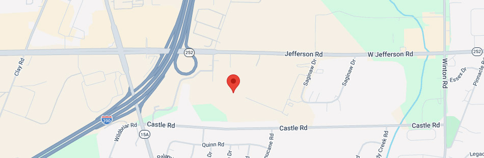A map showing the intersection of Jefferson Rd and Castle Rd near I-390 in Henrietta NY, with a red location pin placed between these roads. Nearby roads include City Rd, Winton Rd, and Southgate Dr.