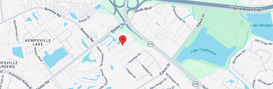 Map showing part of Kempsville Lake area with a red location pin near Edwin Dr, close to Lake Trashmore and major roads including Baxter Rd and Virginia Beach Expy—an area convenient to several top colleges near Virginia Beach and popular nursing programs in Virginia Beach.