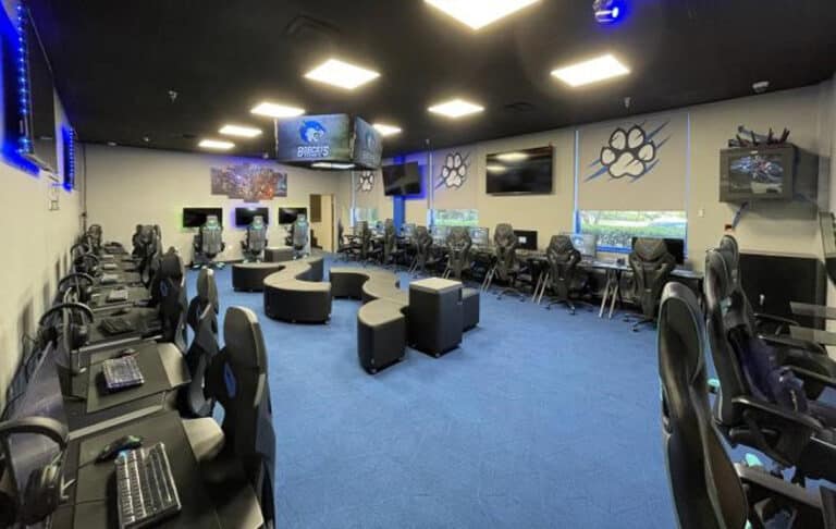 A modern gaming room with rows of chairs and desks, multiple monitors, and blue paw print decorations on the walls.