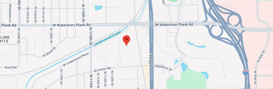 Map showing the intersection of W Watertown Plank Rd and I-41 in Wauwatosa, WI, with a red marker near Underwood Creek and local streets including N 116th St and W Potter Rd.