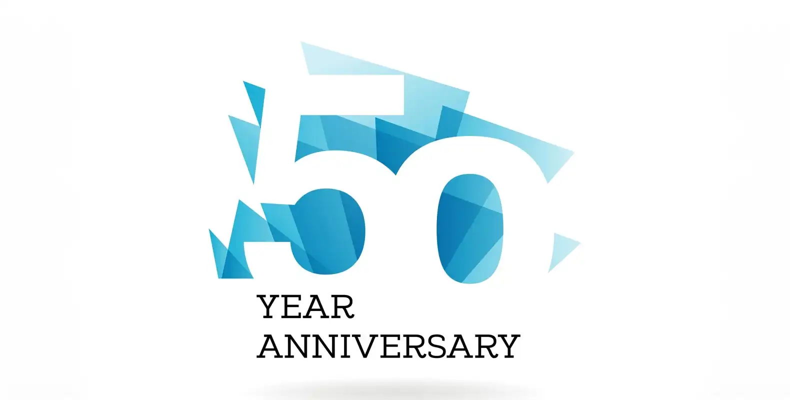 50 Year Anniversary" text with a geometric blue design on a white background.