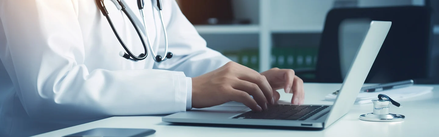 A doctor wearing a white coat and stethoscope types on a laptop at a desk in a medical office.
