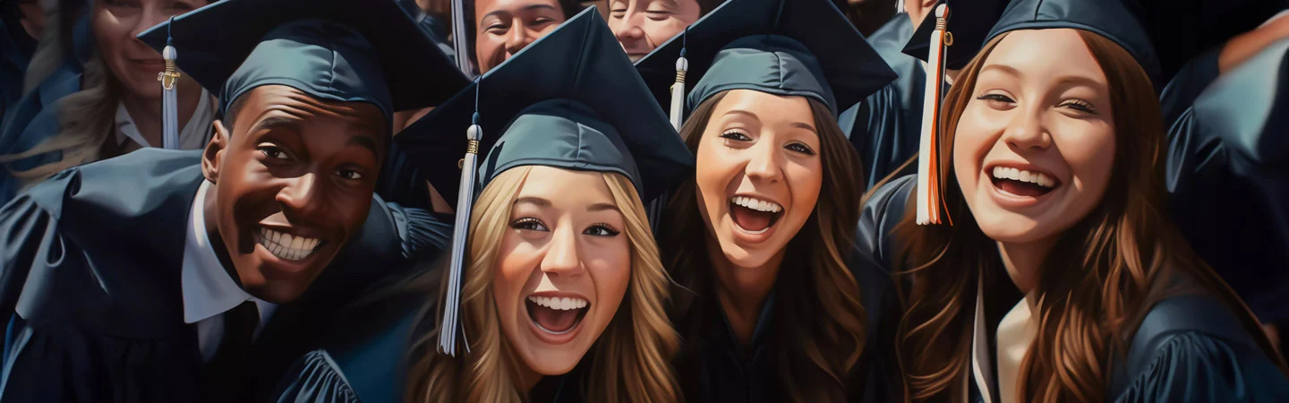 A group of smiling graduates in caps and gowns, celebrating together with excitement and joy.