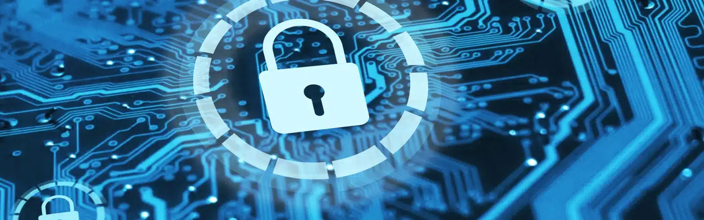 A digital lock icon overlaid on a blue circuit board, symbolizing cybersecurity and data protection.