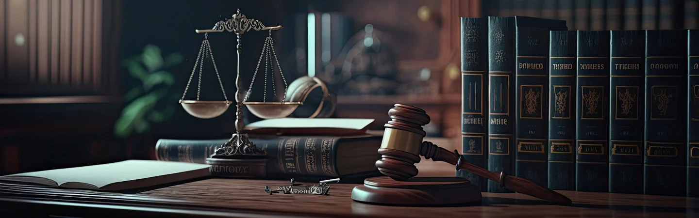 A judge's gavel, scales of justice, open book, and a row of law books on a wooden desk in a dimly lit office.