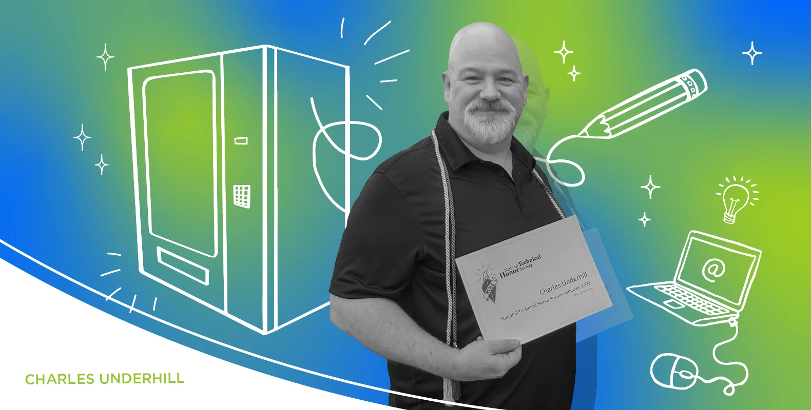 A man holding a certificate and smiling, with sketch-like drawings of a vending machine, pencil, and laptop in the background.
