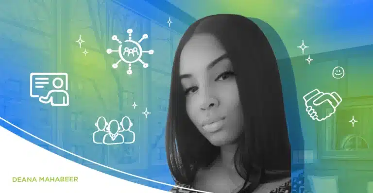 A woman with long hair looks at the camera. Icons of people networking, speaking, and shaking hands are overlaid.