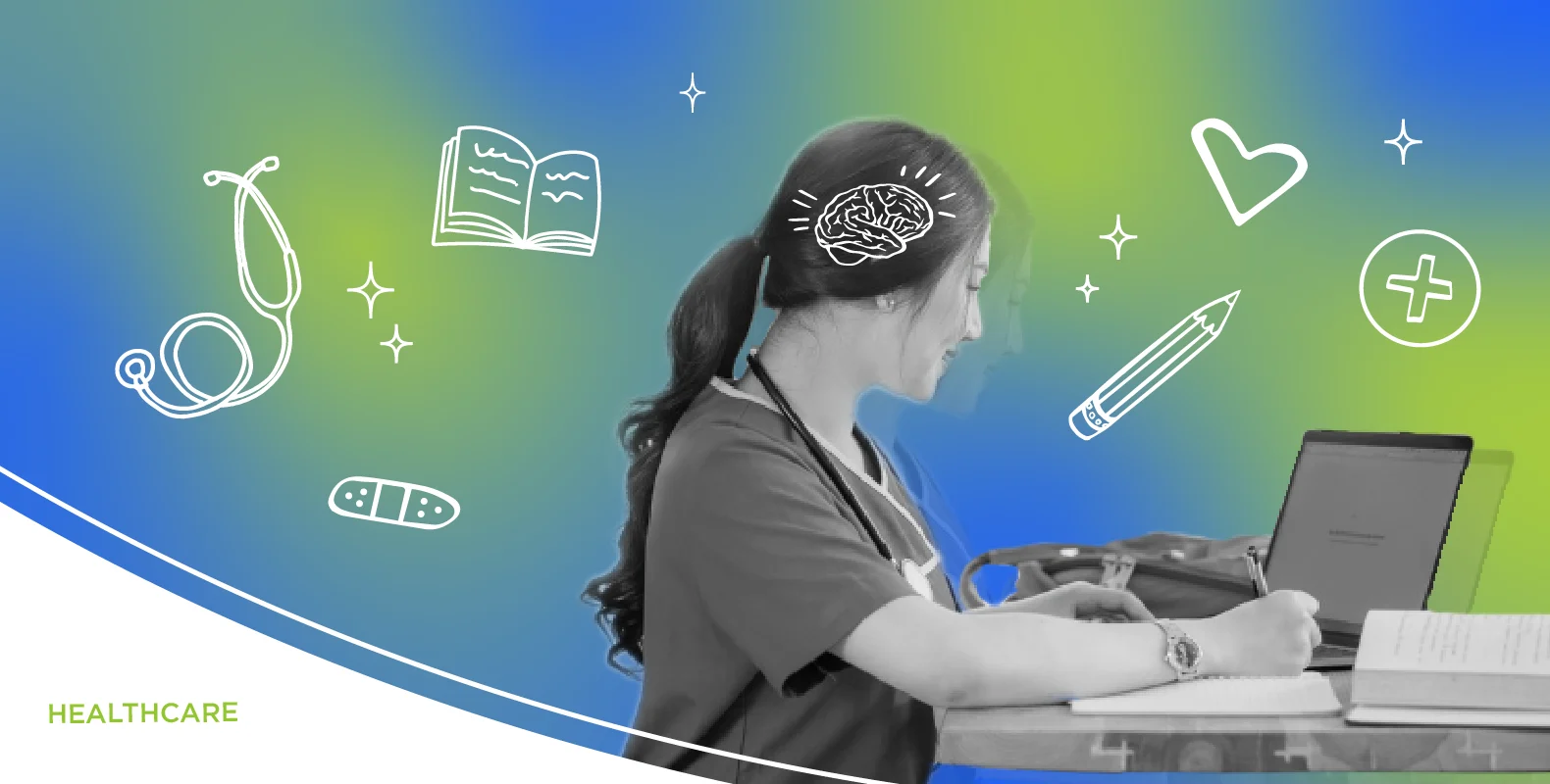 A person in medical scrubs takes notes on a laptop, surrounded by healthcare and learning icons on a gradient background.