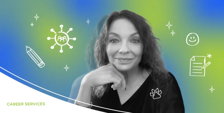 Woman smiling with chin resting on her hand, surrounded by doodles of a pencil, document, and network nodes. Text: "CAREER SERVICES".