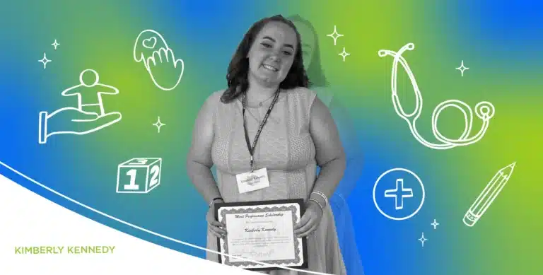 A woman smiles, holding a certificate. Background with child care, health, and education icons. Text: "Kimberly Kennedy.