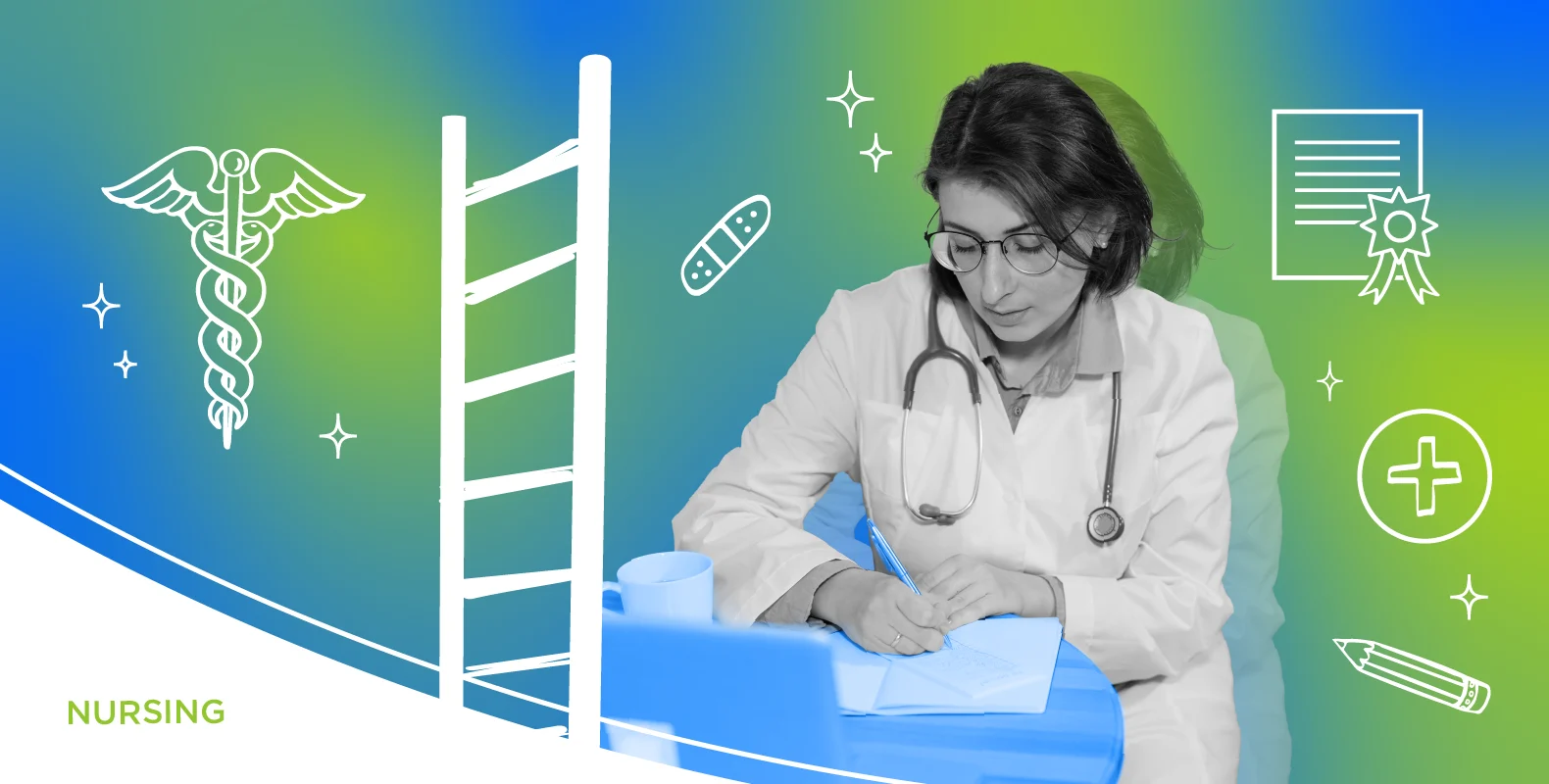 A nurse with a stethoscope writes on paper, surrounded by medical-themed icons on a blue and green gradient background.