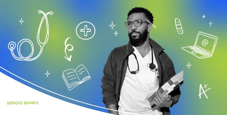 Person in medical attire with books, stethoscope, and medical-themed icons in the background on a gradient blue and green backdrop.
