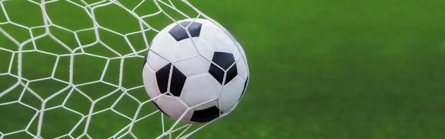 A soccer ball caught in the net of a goal on a green field.