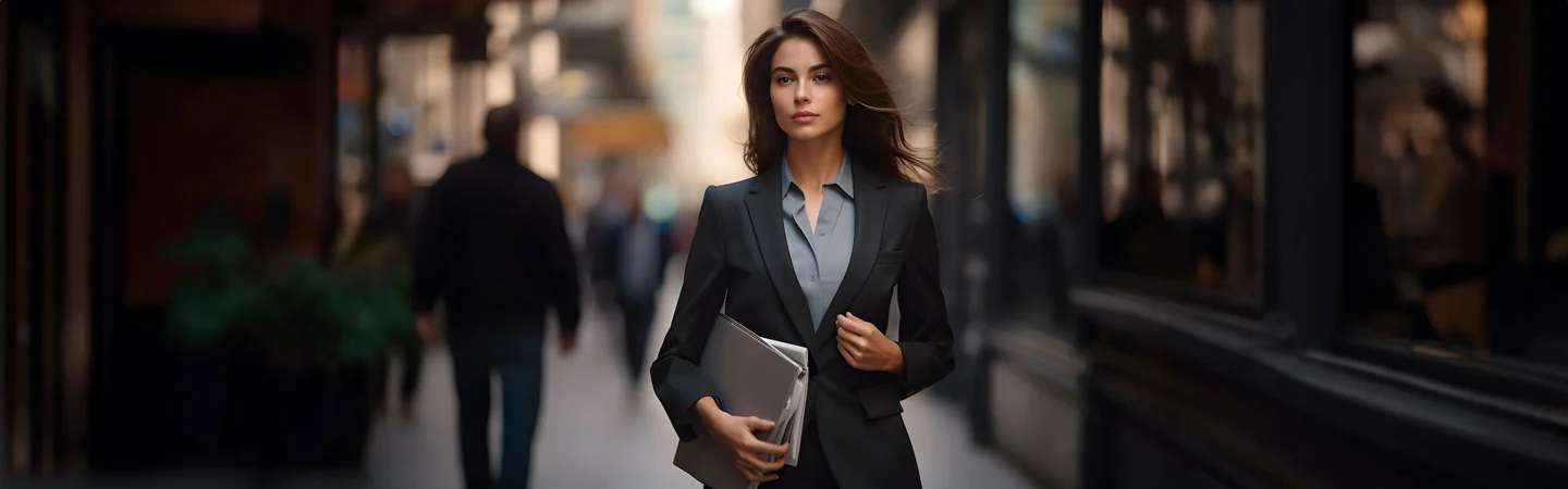 A confident woman in a business suit walks down a city street, holding a laptop and looking straight ahead.