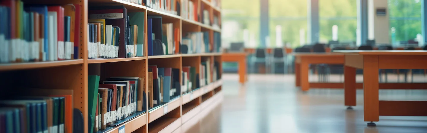 Library interior with rows of bookshelves and tables, large windows in the background letting in natural light.