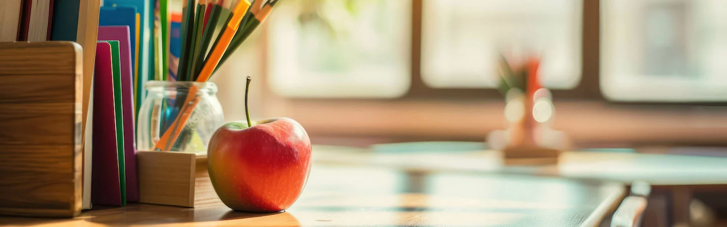 A red apple sits on a desk with books, colored pencils, and a bright classroom window in the background.