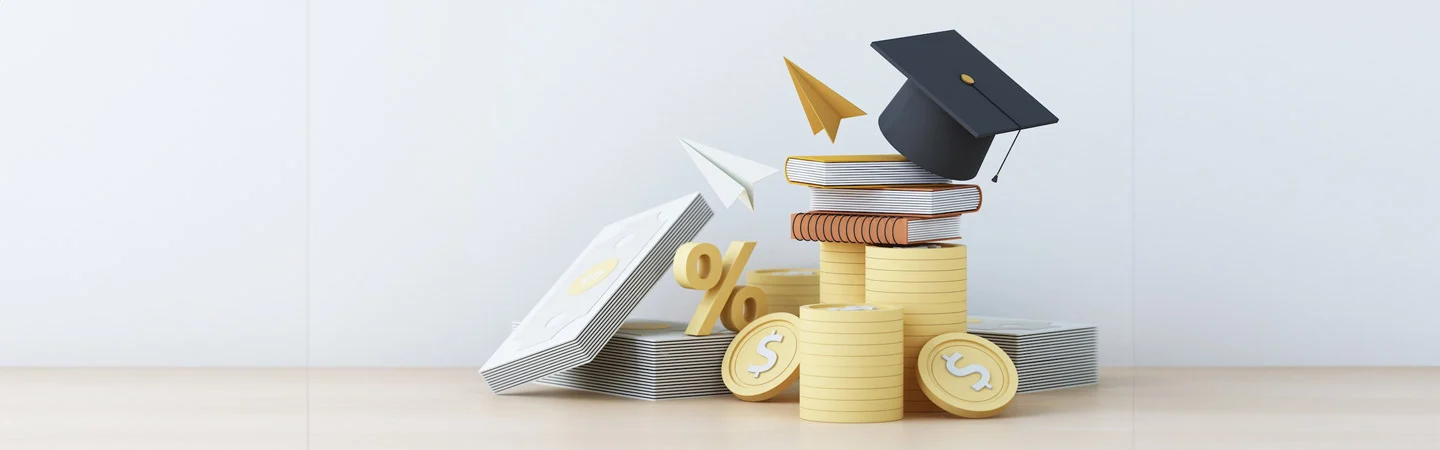 Stacks of books, paper planes, graduation cap, percent sign, and coin stacks symbolize education and financial growth.