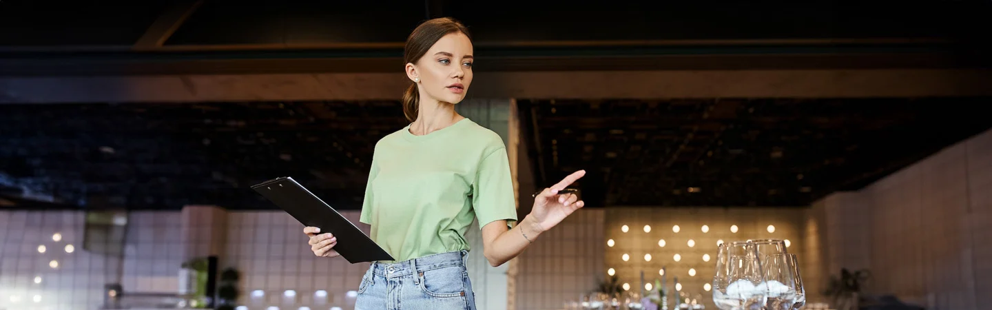A person stands in a restaurant holding a clipboard, pointing, and wearing a green shirt and jeans.