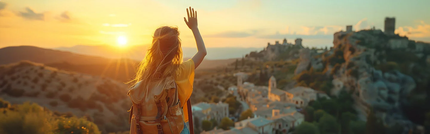 A person with a backpack waves at the sunrise over a picturesque hillside village.