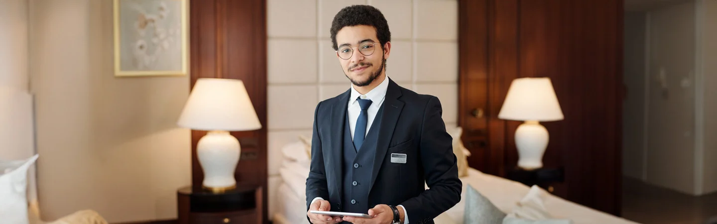Hotel staff member in a suit and name tag stands smiling in a well-lit room with lamps and furniture, holding a tablet.