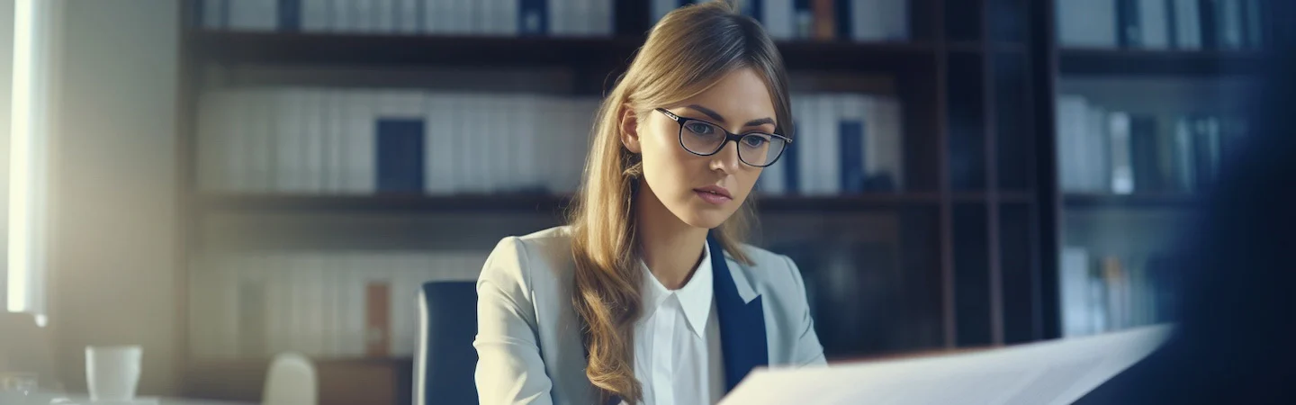 A woman wearing glasses and a blazer intently reads a document in an office setting.
