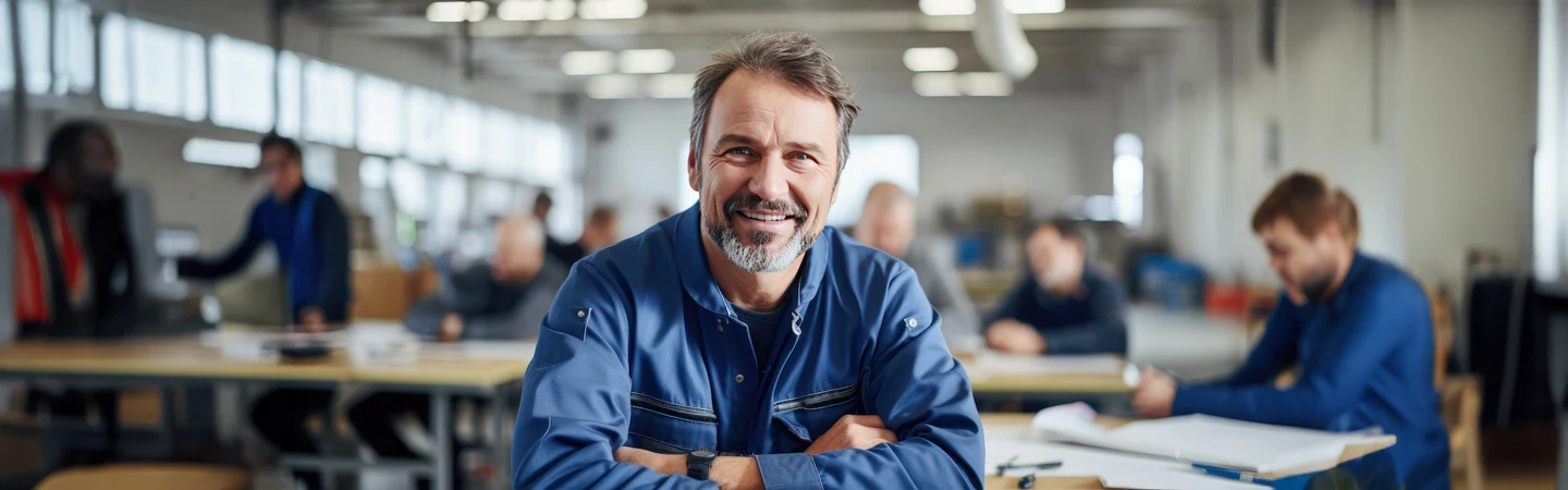 A smiling man in a blue work uniform sits in a busy workshop with colleagues working in the background.