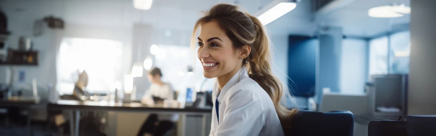A woman with long hair tied back, smiling while sitting in a well-lit modern office setting.