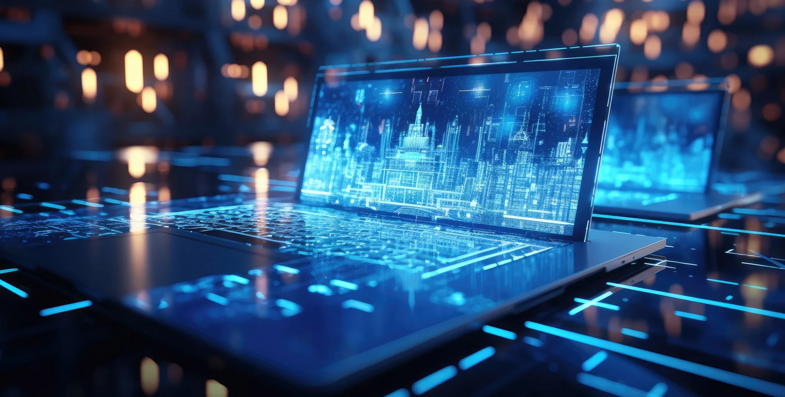 A laptop with a glowing blue interface and digital graphics, surrounded by futuristic technology and lights.