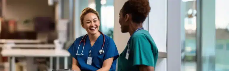 Two healthcare professionals in scrubs, one with a stethoscope, smiling and conversing in a hospital hallway.
