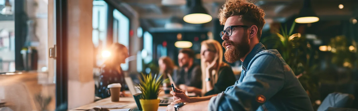 Man with a beard and glasses working on a laptop in a trendy, brightly lit office with other people in the background.